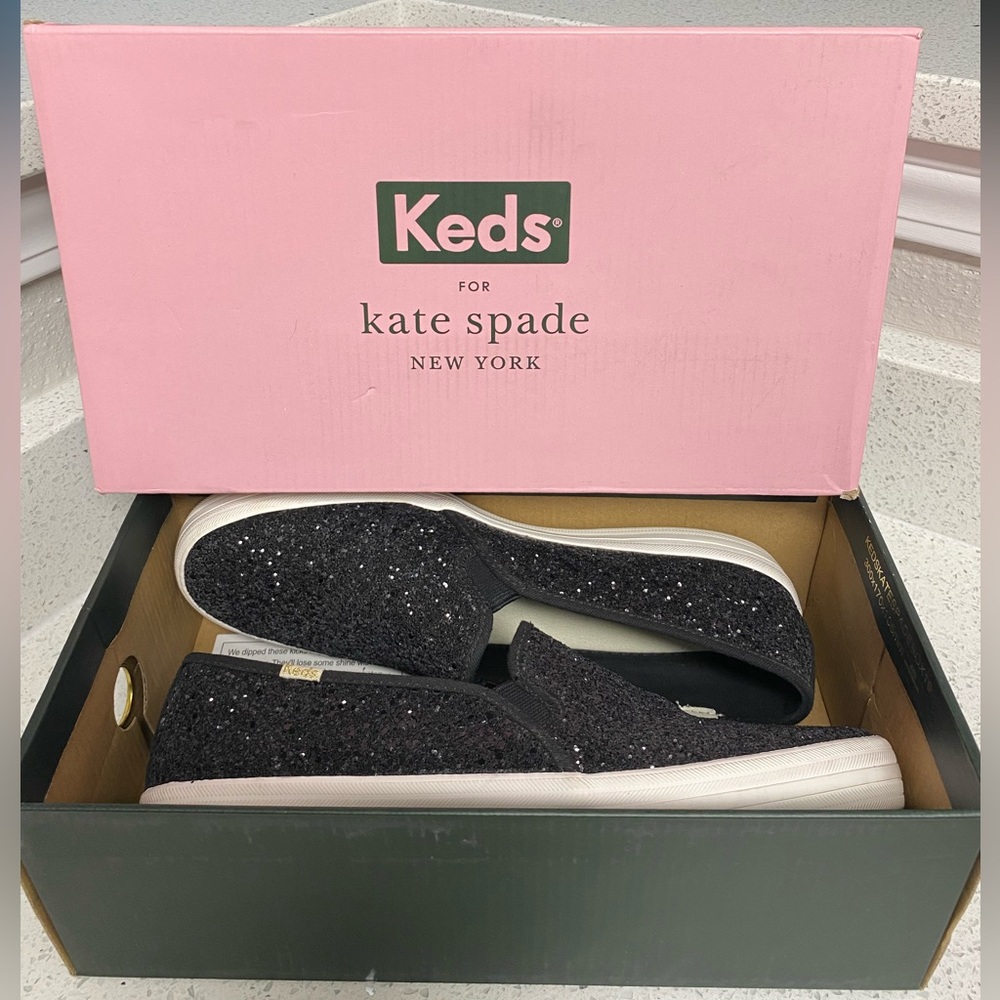 Kate Spade x Keds Black Glitter Slip Ons